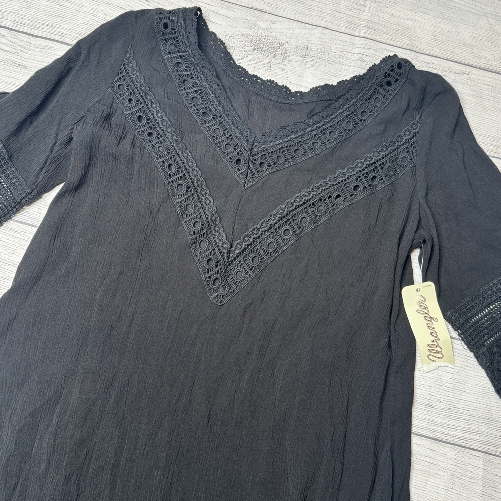 Wrangler Boho 3/4 Bell Sleeve Western Black Mini Dress Lace V-Neck Small NWT‎